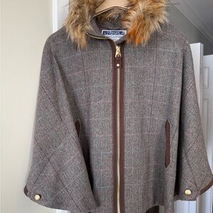 Joules Brown Herringbone Cape with Faux Fur Hood